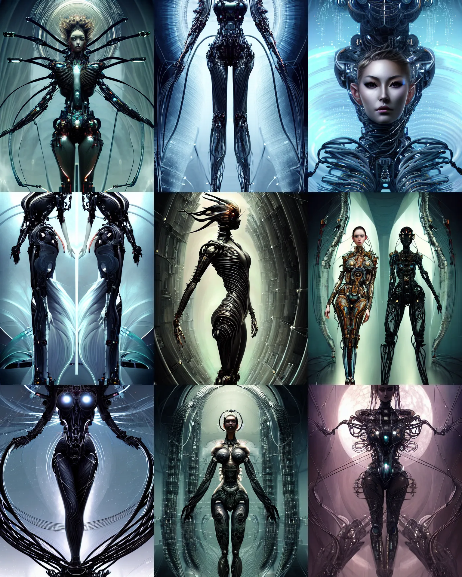 Prompt: artgerm and karol bak and charlie bowater symmetrical full body character portrait of the borg queen of sentient parasitic flowing ai, floating in a powerful zen state, supermodel, beautiful and ominous, wearing combination of mecha and bodysuit made of wires and fractal ceramic, machinery enveloping nature in the background, artstation scifi character digital concept, unreal engine