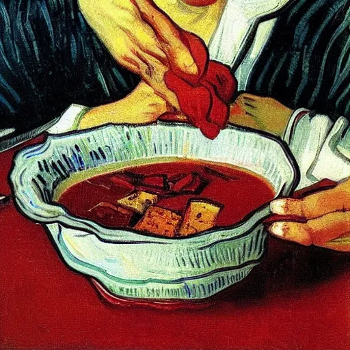 Image similar to a person eating borscht soup with sour cream, painted by van gogh