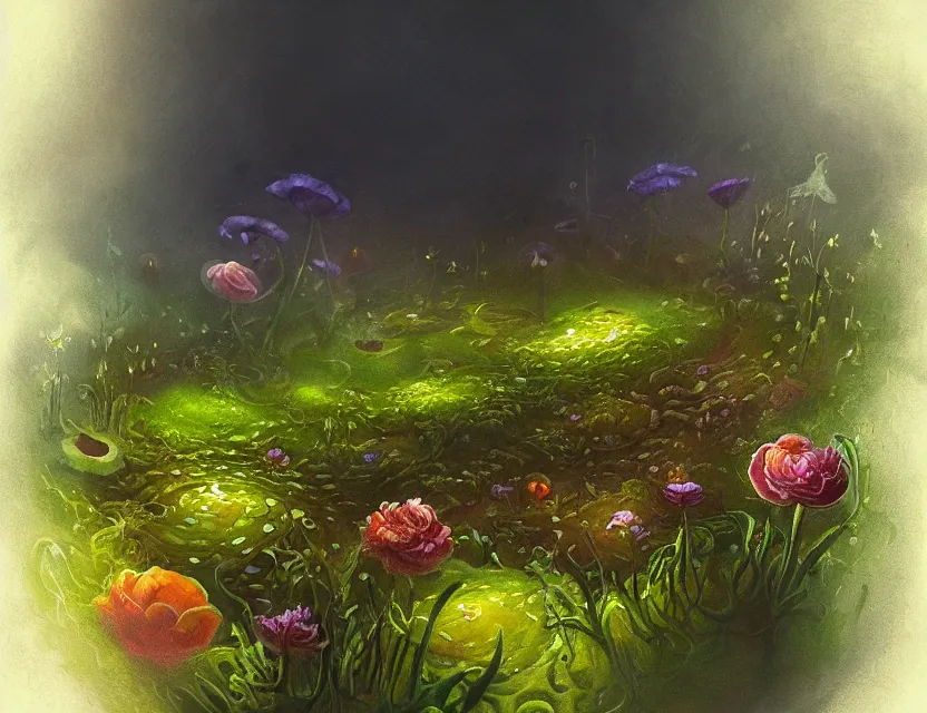 Prompt: amorphous, gooey life form crawling over a garden in a beautiful foggy morning. oil painting, indie concept art, bloom, chiaroscuro, backlighting, intricate details, depth of field.