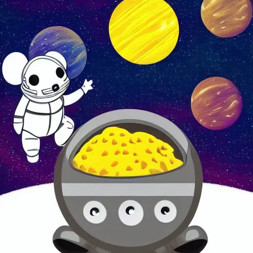 Image similar to a mouse dressed like an astronaut is on a planet made of cheese. a cute rocket ship is behind the mouse. There's a dreamy galaxy in the background.