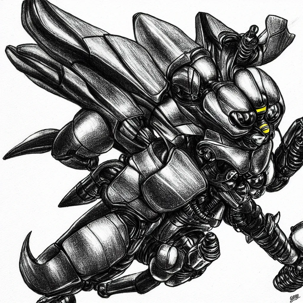 Image similar to bumblebee equipped with a jetpack, drawn with a black 0. 3 mm fineliner on a white paper