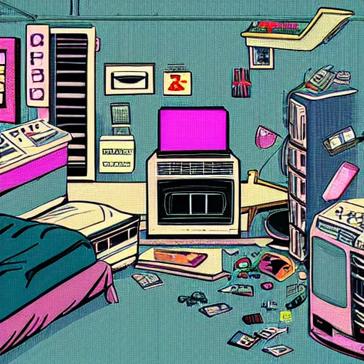 Prompt: very dark 1990s style retro bedroom, dimly lit by a CRT television, clustered with rubbish all over the floor, in the style of anime, highly detailed render