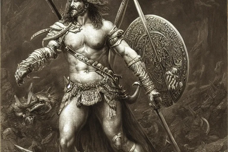 Image similar to highly detailed painting of a warrior barbarian, symmetrical, masterpiece, highly detailed painting by gustave dore