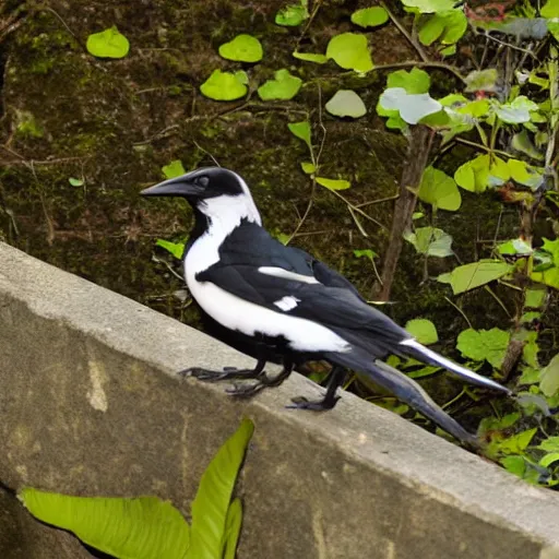 Prompt: Magpie sitting on a cobble wall, talking to a large group of frogs down below, forest background, storybook