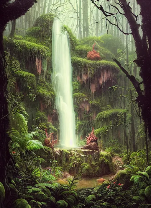 Image similar to a hyper realistic witch shrine under a waterfall in the woods, gorgeous lighting, lush forest foliage, painting by chiara bautista and tom bagshaw, muca beksinski and norman rockwell and greg rutkowski weta studio, and lucasfilm
