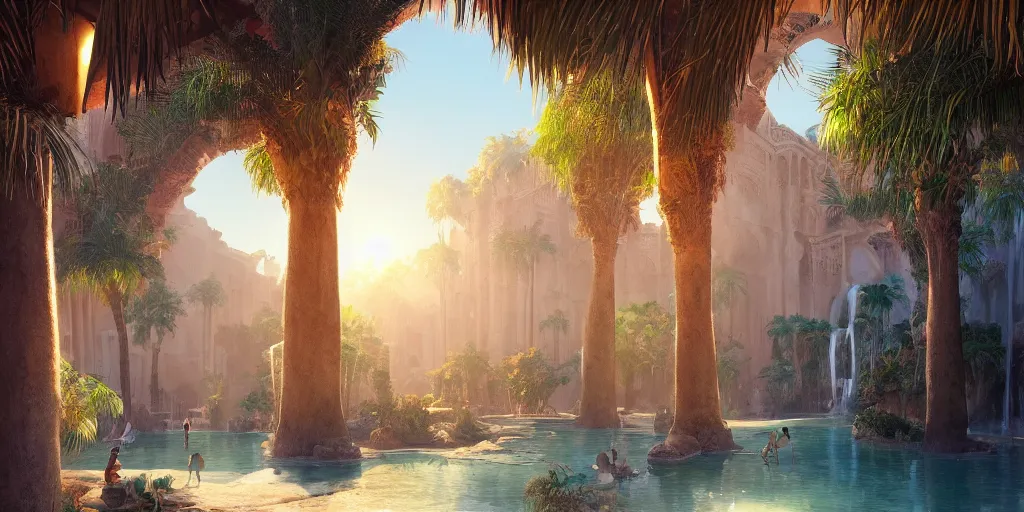 Image similar to beautiful oasis waterfalls surrounded by palm trees moroccan tile archways, date trees, ivory towers sunset peter morbacher ross tran angelarium greg rutkowski alchemy luxury heavenly light soft illumination, trending on artstation cinematic lighting digital painting octane render, artgerm