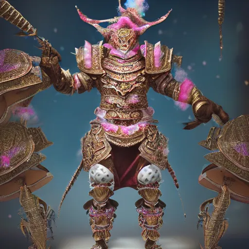 Prompt: a majestic soman wearing an intricate and detailed armor made of candy floss. layers. textures. delicate. elaborate. studio portrait. photorealistic. octane render