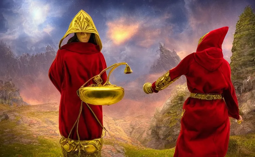 Image similar to red hooded mage holding a golden bell by the gate to the 7 th realm, mindblowing, landscape art, ominous,