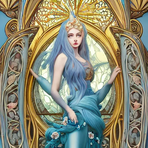 Image similar to breathtaking detailed painting by pilyeon and teffish on artstation, a full shot queen with long flowing bright blue hair, gauze dress and pastel flowers petals and golden tumultuous clouds, symmetrical facial features, at dawn in front of a pristine golden art nouveau cathedral, elegant, highly detailed, artstation, concept art, matte, sharp focus,