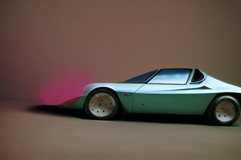 Image similar to designed by Giorgetto Giugiaro stylized poser of a single 1973 Alfa Romeo Montreal, thick neon lights, ektachrome photograph, volumetric lighting, f8 aperture, cinematic Eastman 5384 film