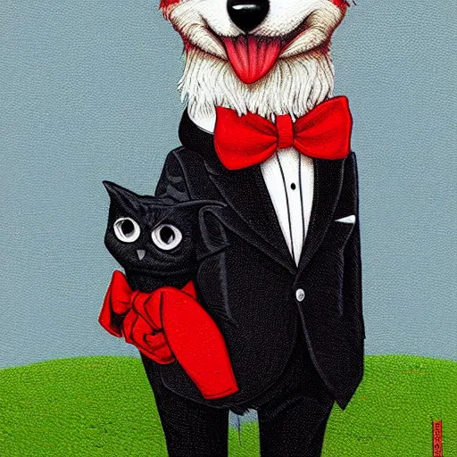 Image similar to portrait illustration of funny dog in the white tuxedo and red tie by jeremiah ketner, quint buchholz, wlop, dan mumford