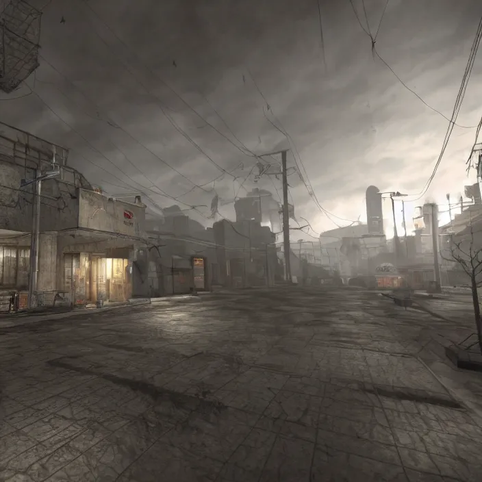 Image similar to realistic half life 2 videogame map as designed by valve software, source engine render, 4 k resolution, dark atmosphere, left 4 dead 2 style