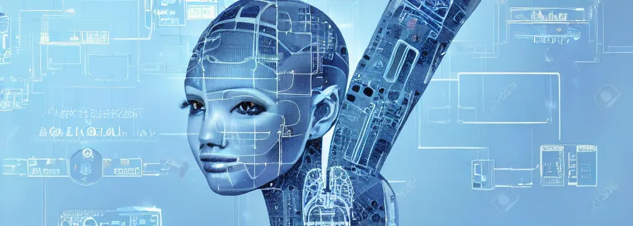 Image similar to very very very beautiful female accompanying global anthropomorphic artificial intelligence, blueprint
