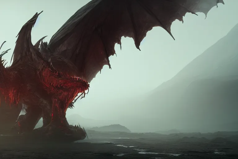 Prompt: amplified ritual engine, closeup portrait of a colossal monster dragon with outstretched wings, shrouded in fog, dramatic lighting, unreal engine, cgsociety, artstation, 4k