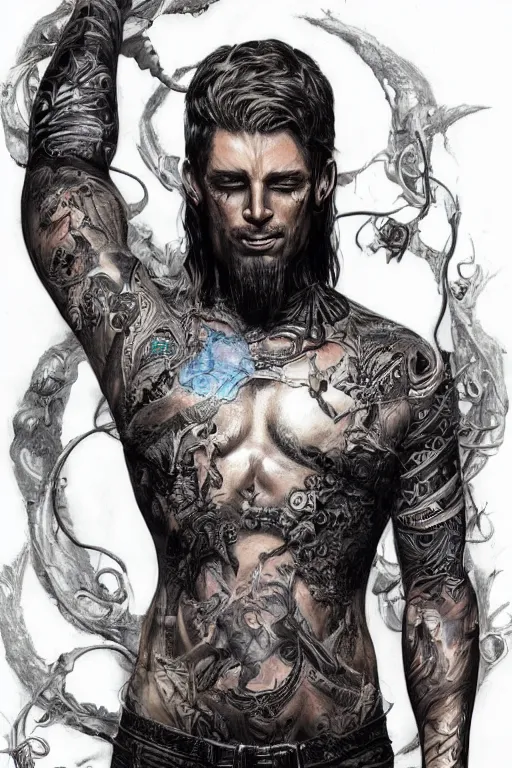 Prompt: Portrait of frontal standing pose torso of a very attractive man heavily all his skin is covered by BIKER tattoos, surrounded by magic lightings overlays, Intricate, concept art, magic lighting overlays, magical portal opened, D&D!, fantasy style, sharp focus!, ultra detailed, art by Artgerm and Peter Andrew Jones, WLUP, Magali Villeneuve