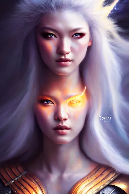 Image similar to oil painting, sakimi chan, white skin, fantasy armor, detailed face, dramatic lighting, tony sart, wind, lightning