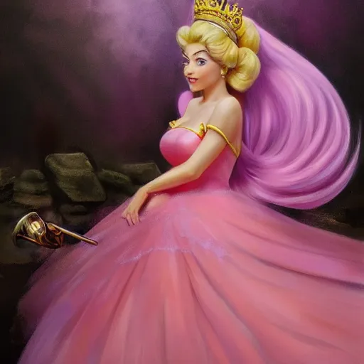 Image similar to An ultra realistic portrait painting of Princess Peach wearing his pink dress and golden tiara in the style of Frank Frazetta, 4k, Ultrarealistic, Highly Detailed, Dark Fantasy, Epic Lighting