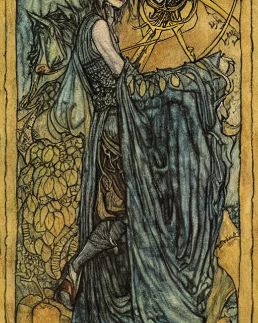 Prompt: tarot card detailed painting, illustration in style of Arthur Rackham