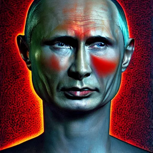 Image similar to stupid idiot degraded retard vlad putin photo - realistic, color image, hyper realistic, 2 k, highly detailed, occult art, by giger, fractal structure