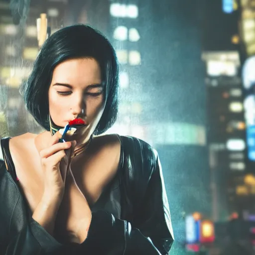 Image similar to cyberpunk woman in a city smoking a cigarette