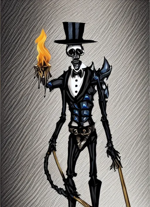 Image similar to DND character art, skeletal male figure, wearing a deep black suit!!! and tie and top hat, holding a gold! cane!. blue!!! flames!!