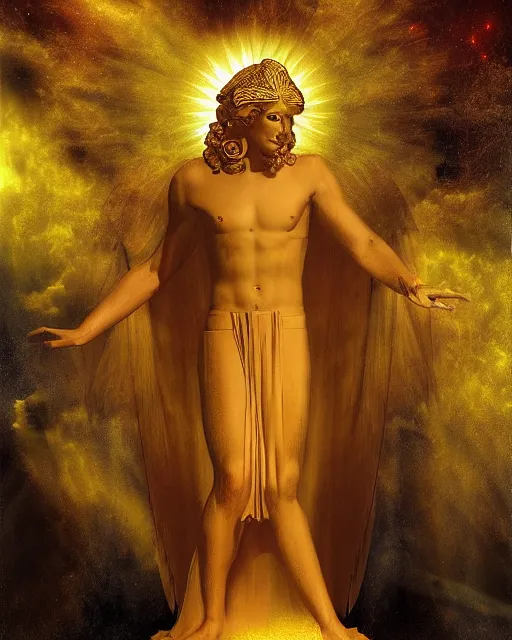 Image similar to the enigma god with a golden halo with forbidden knowledge by frank frazzetta