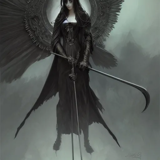 Prompt: the grim reaper as a gorgeous young girl, dark fantasy, intricate, very huge elaborate scythe, very huge black angel wings, elegant, highly detailed, digital painting, artstation, concept art, wallpaper, smooth, sharp focus, illustration, art by artgerm and greg rutkowski and alphonse mucha