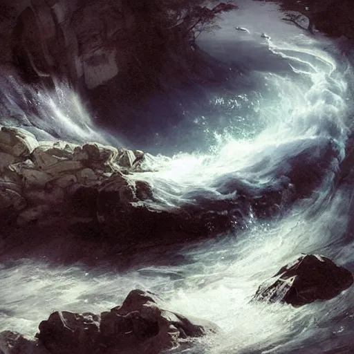 Image similar to an eerie whirlpool, seen from above, in a cavematte painting, fantasy art, by greg rutkowski, by andreas achenbach,