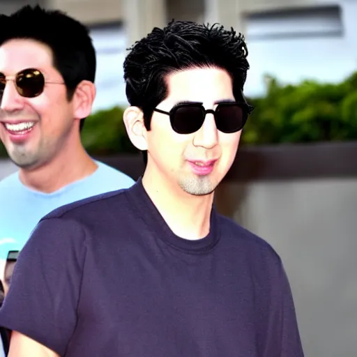 Prompt: a korean male wearing sunglasses, actor david schwimmer standing behind him