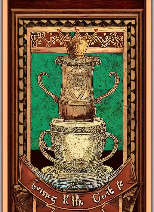 Image similar to sloth as the king of cups, copper cup, coper crown, poster framed, intricate details, medieval art style, high contrast, posterized