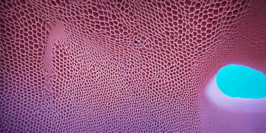 Image similar to biomorphic honeycomb building structure by ernesto neto, light - mint with light - pink color, 4 k, insanely quality, highly detailed, film still from the movie directed by denis villeneuve with art direction by zdzisław beksinski, telephoto lens, shallow depth of field