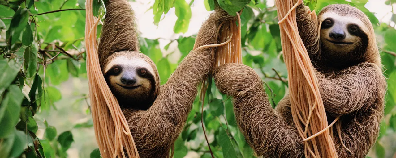 Image similar to a sloth eating spaghetti off a tree, in the style of wes anderson, canon 5 0 mm, kodachrome, retro