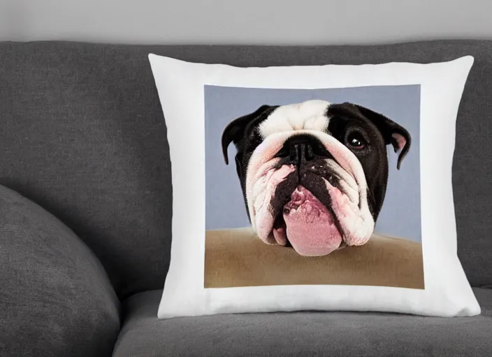 Prompt: a closup, 4 5 mm, portrait of a sleeping english bulldog on a pillow in a bed, candle light, 4 5 mm, by franz lanting