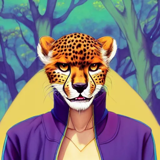 Prompt: don bluth, loish, artgerm, joshua middleton, anthropomorphic cartoon cheetah, wearing a track suit, smiling, symmetrical eyes, symmetrical face, colorful animation forest background