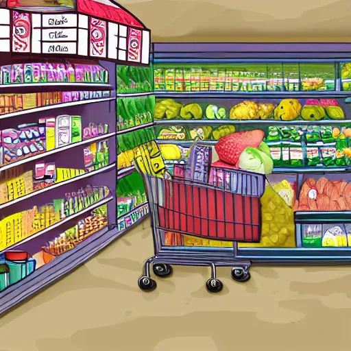 Prompt: an incredibly realistically drawn grocery store with a giant fat cartoon rabbit scp inside.