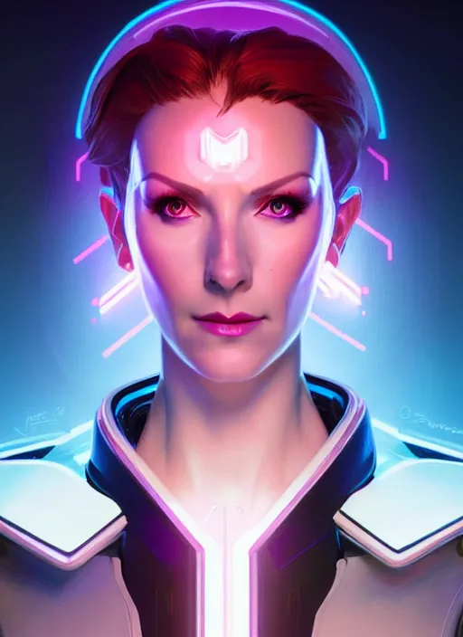 Image similar to symmetry portrait of moira from overwatch, sci - fi, tech wear, glowing lights intricate, elegant, highly detailed, digital painting, artstation, concept art, smooth, sharp focus, illustration, art by artgerm and greg rutkowski and alphonse mucha