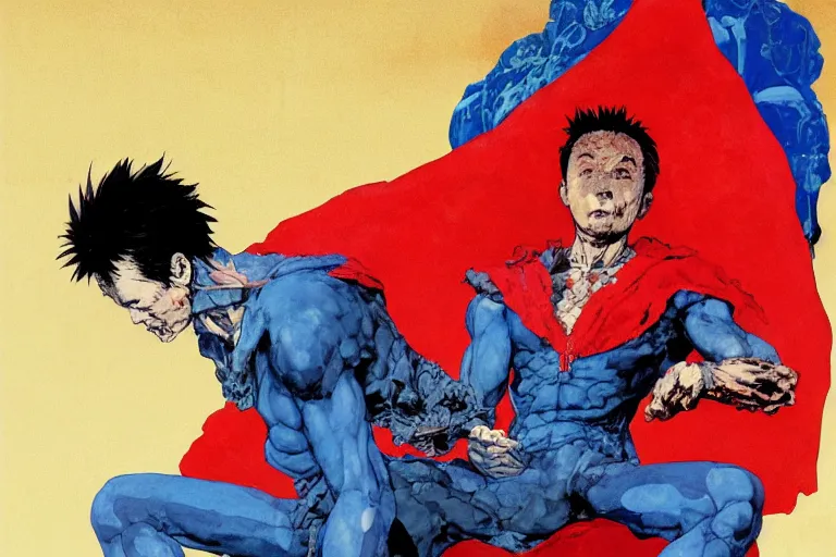 Prompt: full page illustration of tetsuo eating blue and red pills,, seated at his throne, red cape, by Katsuhiro Otomo, Phil hale, Ashley wood, Ilya repin, frank frazetta, 8k, hd, high resolution print