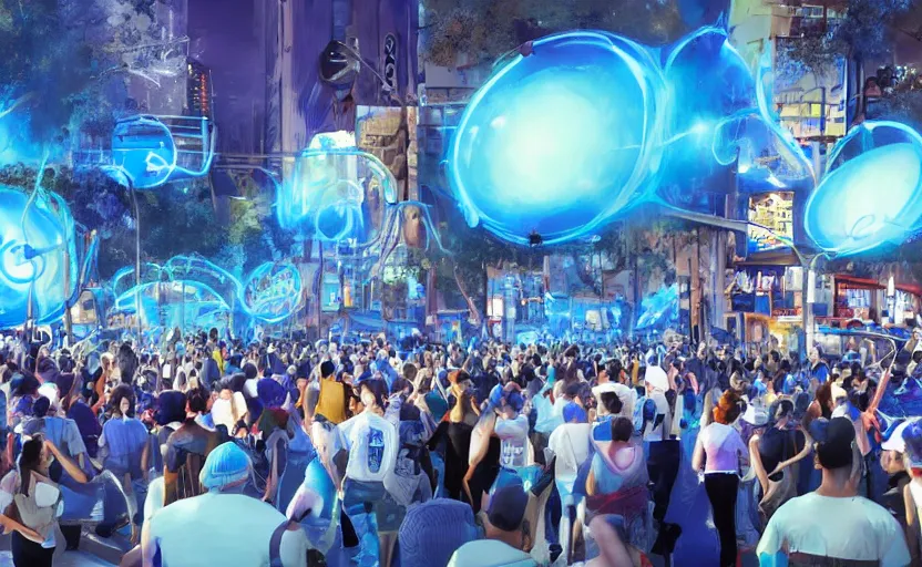 Image similar to crowd of crazy people with posters attacking cops in front a huge blue spiral - shaped bright white luminous attractor that is floating and stores in los angeles with light screens all over the street, concept art, art for the game, professional lighting, night lighting from streetlights