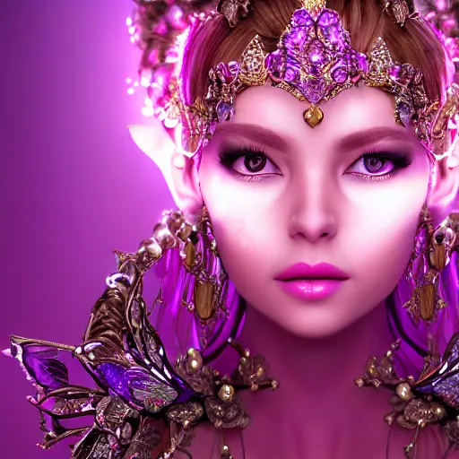 Prompt: portrait princess of amethyst, glowing, ornate and intricate purple jewelry, jaw dropping beauty, glowing background lighting, purple accent lighting, hyper detailed, fairy tale, 4 k octane render