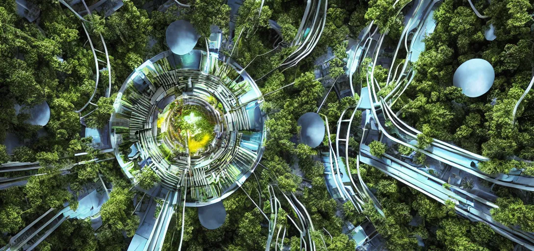 Image similar to photography of a futuristic landscape of a solarpunk city in the middle of the jungle designed by alvar aalto and taras shevchenko and le corbusier