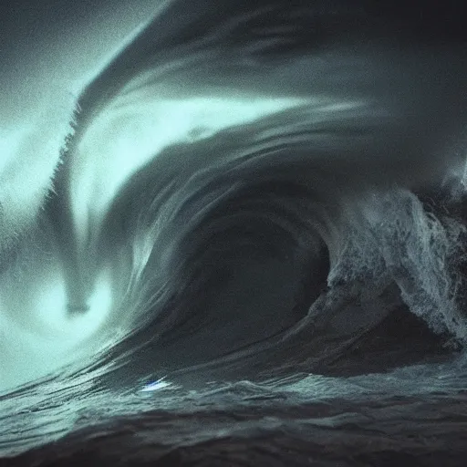 Image similar to of an ocean storm waves ’ form a shape of a wolves face and the wolves eyes are two beams of light epic cinematic lighting detailed