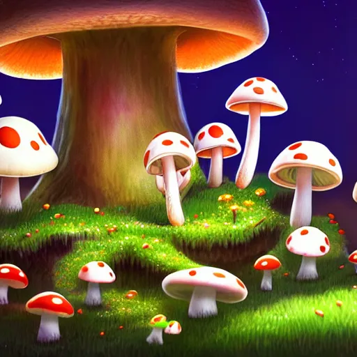 Image similar to mushroom kingdom from mario, digital art, giant green and white spotted mushrooms, at night, exotic flowers and plants, sprites, irina french, cinematic lighting, heraldo ortega, mandy jurgens trending on artstation 8 k 1 5 0 mpx