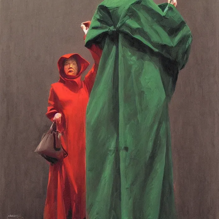 Image similar to woman in black robed, back to us, arms to the sides, dressed in red paper bags, holding stack of green paper bags, highly detailed, artstation, art by John Berkey, edward hopper, zdislav beksinski, wayne barlowe, edward hopper