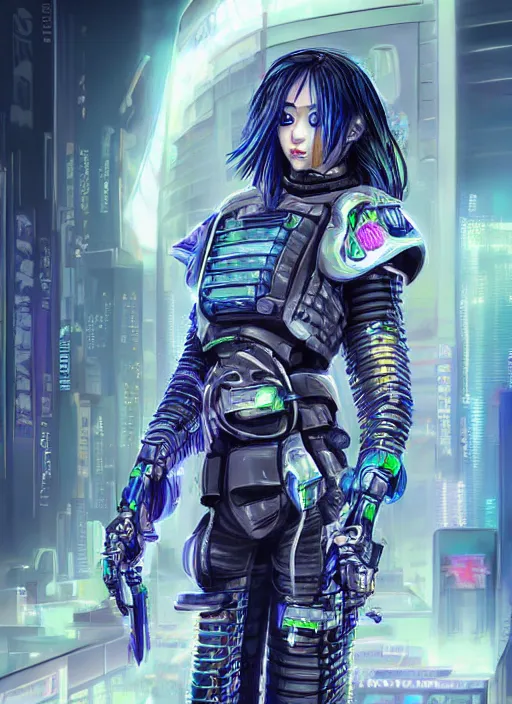 Prompt: stunning futuristic superb cyberpunk young female Samurai wearing samurai armor hybrid with military tactical vest, armor has neon circuitry, long white hair, windswept hair, sci-fi in futuristic stormy heavy rain thunder flashing tokyo rooftop cyberpunk night, sci-fi,fantasy, intricate, very very beautiful, elegant, neon light, highly detailed, digital painting, artstation, hyper realism, concept art, soft light, hdri, smooth, sharp focus, illustration, art by tian zi and craig mullins and WLOP and alphonse mucha