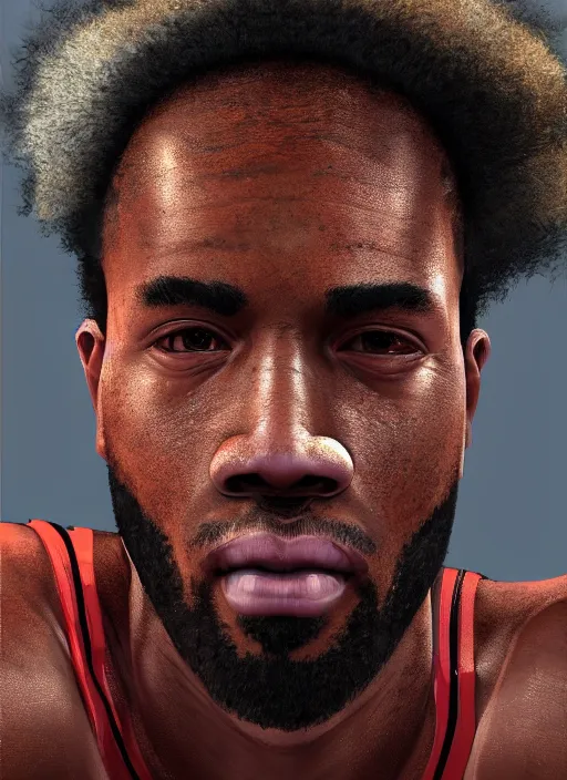 Prompt: a close up portrait of an african american nba basketball player, au naturel, hyper detailed, digital art, trending on artstation, cinematic lighting, studio quality, smooth render, unreal engine 5 rendered, octane rendered, art style by klimt and nixeu and ian sprigger and wlop and krenz cushart