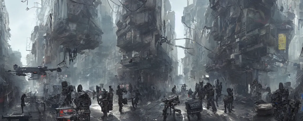 Image similar to a robotic police with robot drone, slums downtown street, concept art, artstation, dystopian matte painting, hyper realistic, art by feng zhu, cinematic