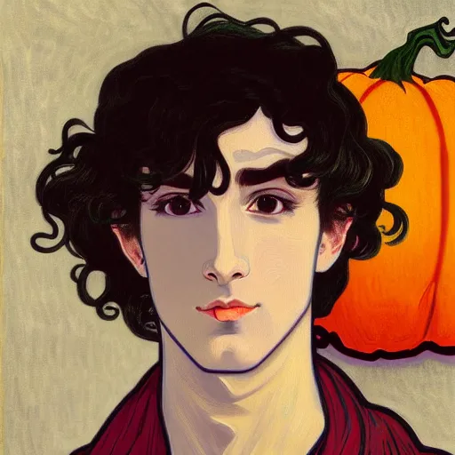 Image similar to painting of young cute handsome beautiful dark medium wavy hair man in his 2 0 s named shadow taehyung at the halloween pumpkin matcha party, straight nose, depressed, melancholy, autumn, elegant, clear, painting, stylized, delicate, soft facial features, delicate facial features, soft art, art by alphonse mucha, vincent van gogh, egon schiele