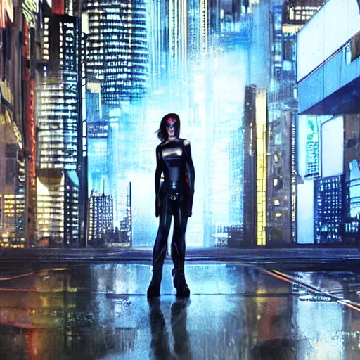 Image similar to a beautiful still of scarlett johansson as motoko kusanagi from ghost in the shell, cyberpunk style, looking off into the distance, short black hairs, with a soft, blue hour, neons light from night city falling on her face. focus on her eyes and brows. by annie leibowitz