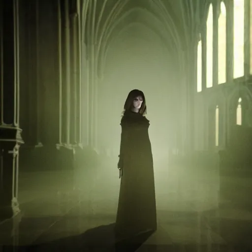 Prompt: mary elizabeth winstead as a vampire in a gothic cathedral at night, gloomy, cinematic, ground mist, volumetric light.