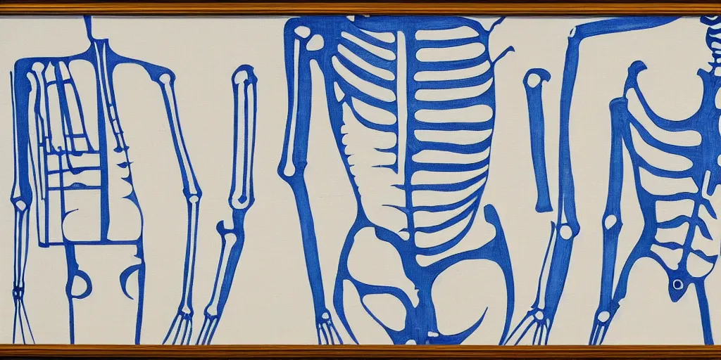 Image similar to blueprint for a woman's skeleton, josef albers, brushstrokes, white lines, oil painting